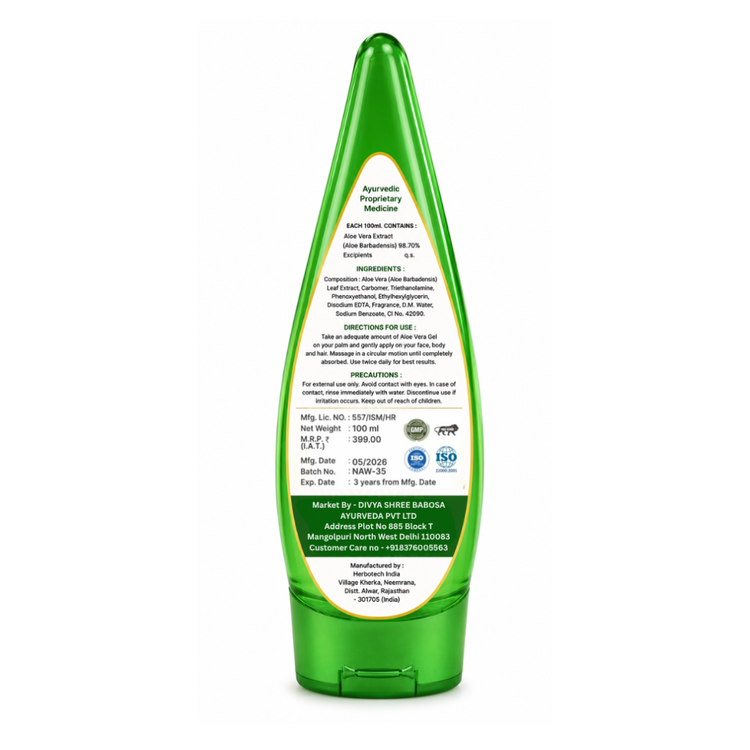 DSB AYUURVEDA Aloe Vera Gel for Face, Skin & Body | Deeply Moisturizing & Hydrating Non-Sticky Formula | Lightweight Daily Care Gel for Soft, Smooth & Supple Skin | Suitable for All Skin Types | 100 ml