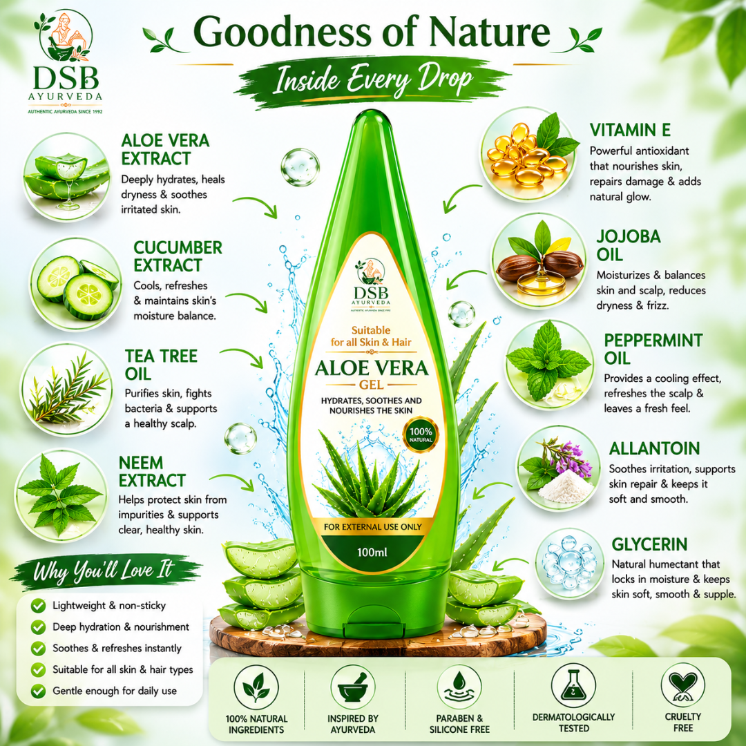 DSB AYUURVEDA Aloe Vera Gel for Face, Skin & Body | Deeply Moisturizing & Hydrating Non-Sticky Formula | Lightweight Daily Care Gel for Soft, Smooth & Supple Skin | Suitable for All Skin Types | 100 ml