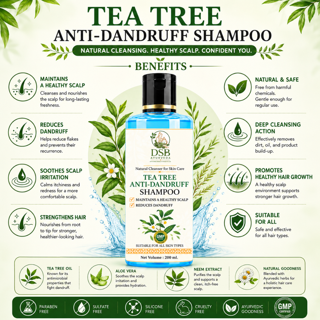 DSB AYUURVEDA Tea Tree Anti-Dandruff Shampoo | Up to 100% Dandruff Reduction | ZPTO-Free | pH 5.3 Balanced Formula | Salicylic Acid, Piroctone Olamine, Biotin & Menthol | Non-Drying Formula | 200 ml