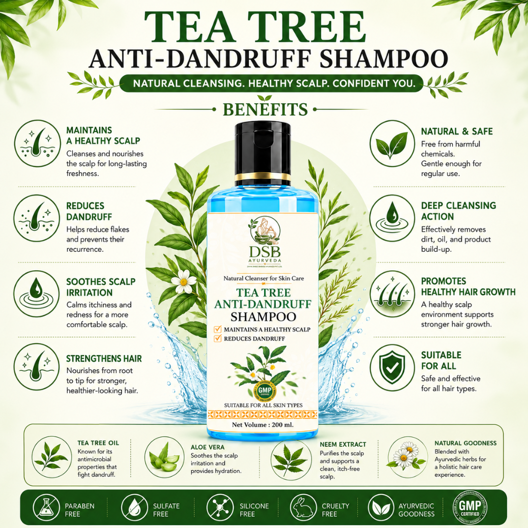 DSB AYUURVEDA Tea Tree Anti-Dandruff Shampoo | Up to 100% Dandruff Reduction | ZPTO-Free | pH 5.3 Balanced Formula | Salicylic Acid, Piroctone Olamine, Biotin & Menthol | Non-Drying Formula | 200 ml