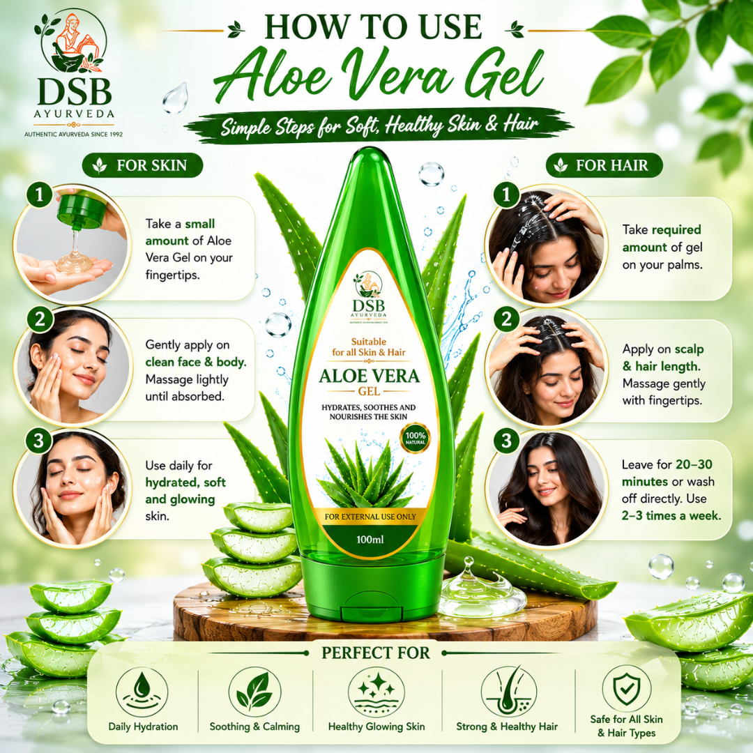 DSB AYUURVEDA Aloe Vera Gel for Face, Skin & Body | Deeply Moisturizing & Hydrating Non-Sticky Formula | Lightweight Daily Care Gel for Soft, Smooth & Supple Skin | Suitable for All Skin Types | 100 ml