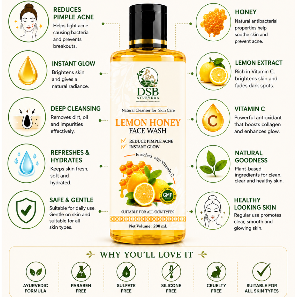 DSB AYUURVEDA Lemon Honey Face Wash with Orange & Lemongrass | Herbal Face Cleanser | Removes Dirt, Oil & Impurities | Fresh & Healthy Looking Skin | SLS & Paraben Free | For All Skin Types | 200 ml