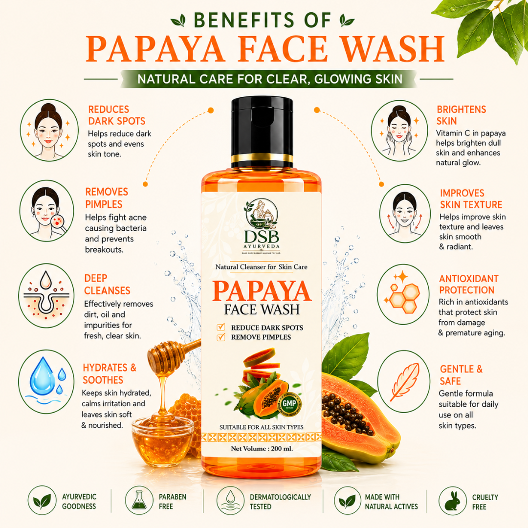 DSB AYUURVEDA Papaya Face Wash | Herbal Face Cleanser for Fresh & Healthy Looking Skin | Removes Dirt, Oil & Impurities | Gentle Daily Skin Care Formula | Suitable for All Skin Types | 200 ml