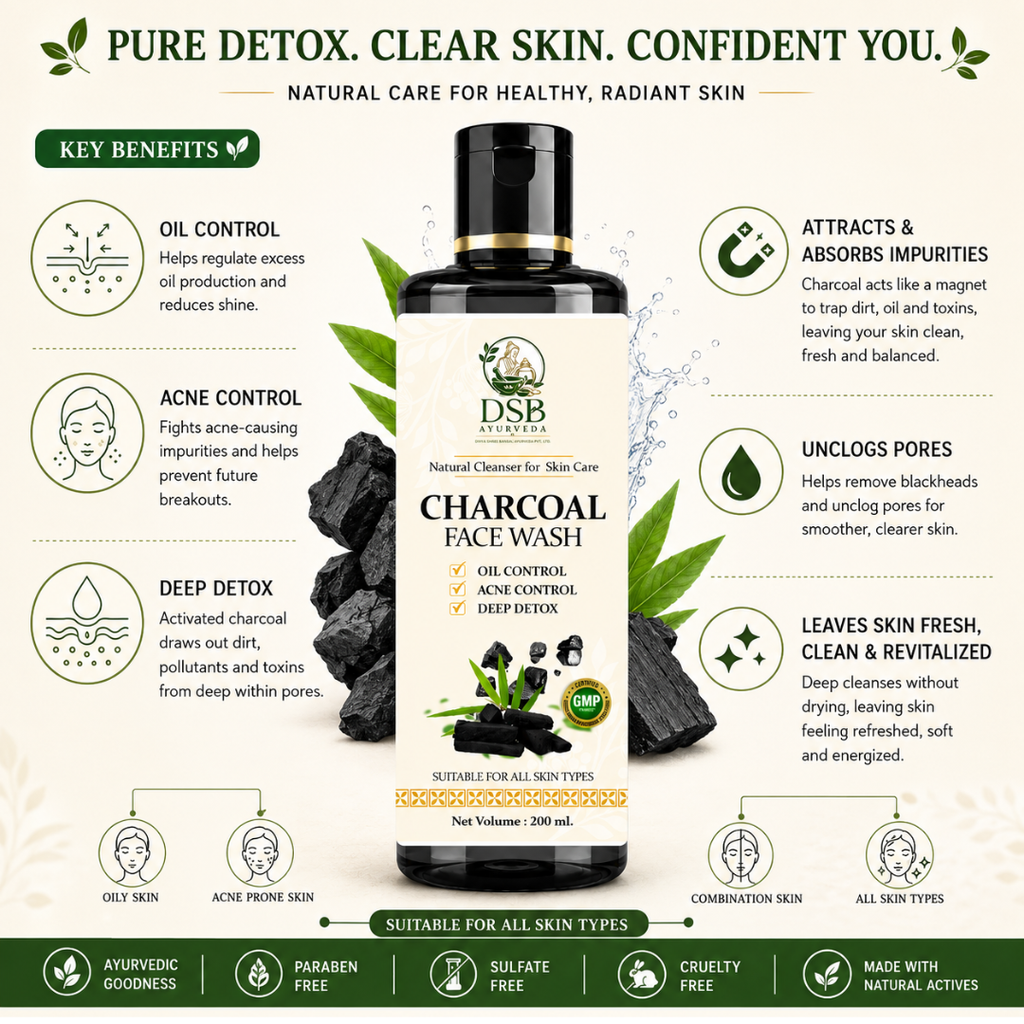 DSB AYUURVEDA Charcoal Face Wash with Activated Bamboo Charcoal | Deep Cleansing Face Cleanser | Removes Dirt, Oil & Impurities | Oil Control for Acne-Prone Skin | SLS & Paraben Free | 200 ml