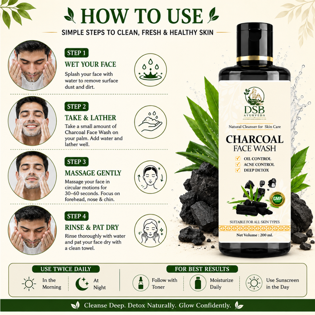 DSB AYUURVEDA Charcoal Face Wash with Activated Bamboo Charcoal | Deep Cleansing Face Cleanser | Removes Dirt, Oil & Impurities | Oil Control for Acne-Prone Skin | SLS & Paraben Free | 200 ml