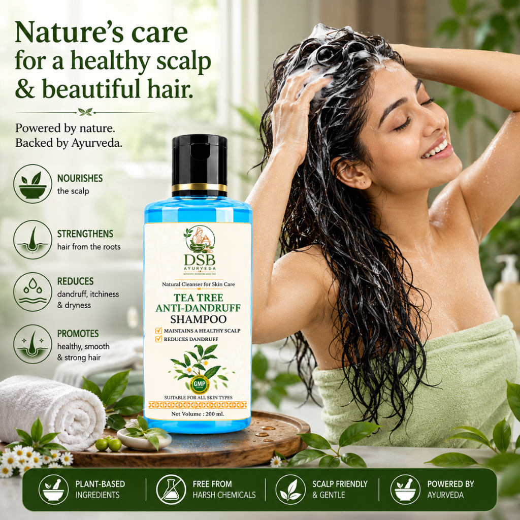 DSB AYUURVEDA Tea Tree Anti-Dandruff Shampoo | Up to 100% Dandruff Reduction | ZPTO-Free | pH 5.3 Balanced Formula | Salicylic Acid, Piroctone Olamine, Biotin & Menthol | Non-Drying Formula | 200 ml