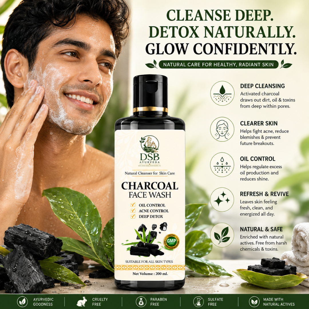 DSB AYUURVEDA Charcoal Face Wash with Activated Bamboo Charcoal | Deep Cleansing Face Cleanser | Removes Dirt, Oil & Impurities | Oil Control for Acne-Prone Skin | SLS & Paraben Free | 200 ml