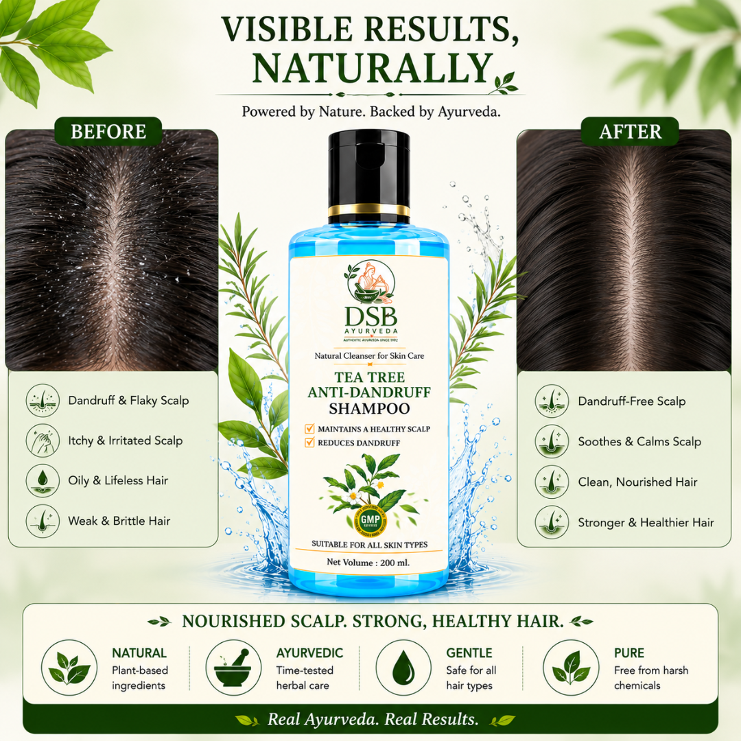 DSB AYUURVEDA Tea Tree Anti-Dandruff Shampoo | Up to 100% Dandruff Reduction | ZPTO-Free | pH 5.3 Balanced Formula | Salicylic Acid, Piroctone Olamine, Biotin & Menthol | Non-Drying Formula | 200 ml