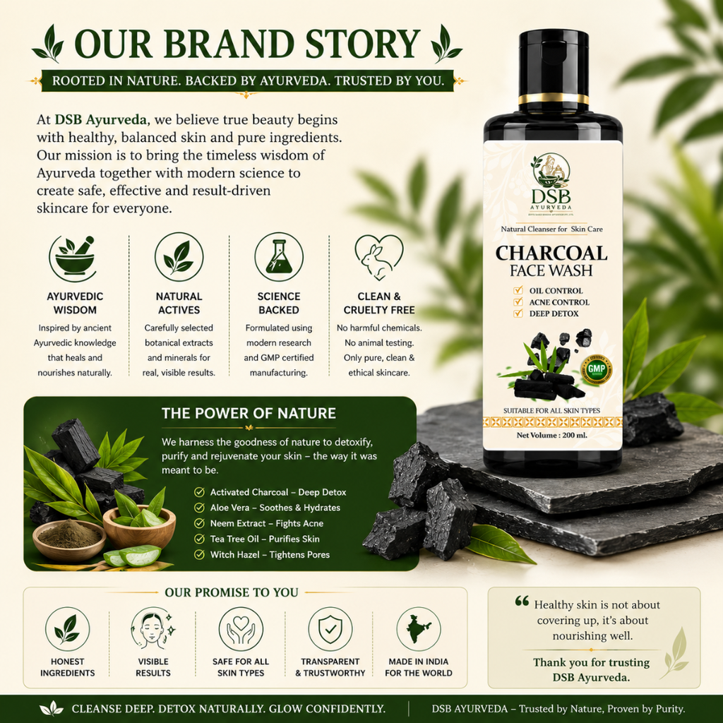 DSB AYUURVEDA Charcoal Face Wash with Activated Bamboo Charcoal | Deep Cleansing Face Cleanser | Removes Dirt, Oil & Impurities | Oil Control for Acne-Prone Skin | SLS & Paraben Free | 200 ml